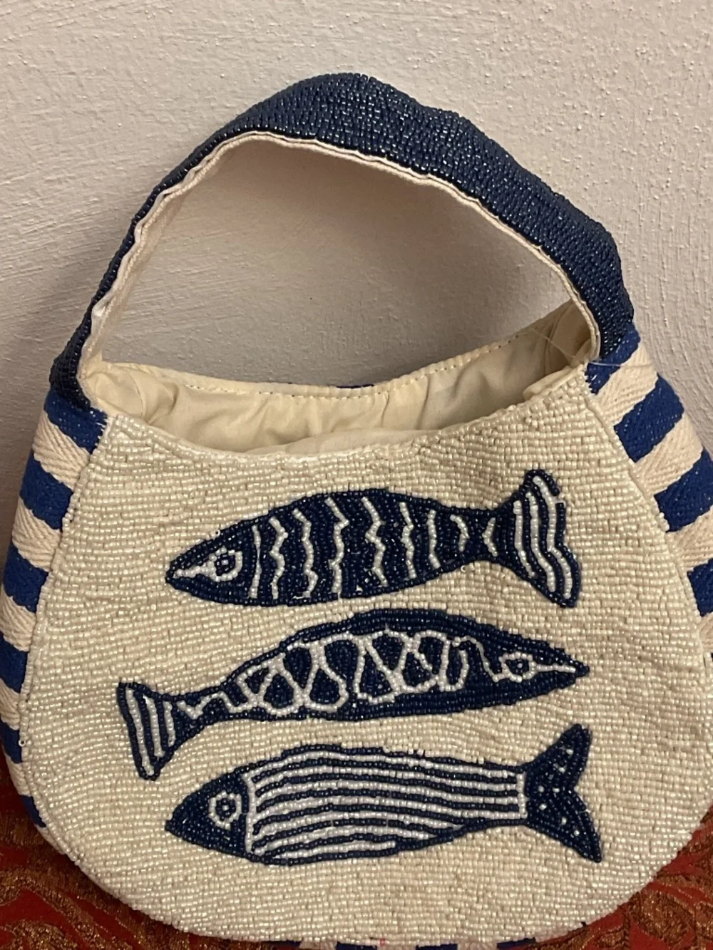 NWT Sardines Micro Beaded Blue White striped canvas Bag